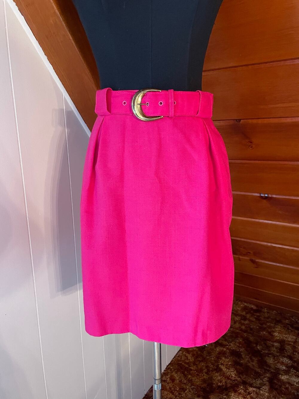 Vintage 80s Hot Pink Pleated Pencil Skirt with Matching Statement Belt sz S-7/8